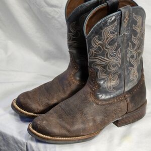 Justin Leather Boots Men's 11.5 EE Brown Black Stacked Heel Cowboy Rodeo Western